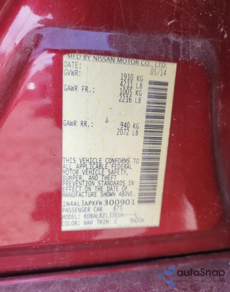 2015 Nissan Altima 2.5 from USA, damaged, VIN 1N4AL3APXFN300090